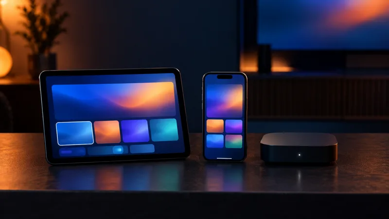 Tablet, smartphone en mediaspeler naast elkaar met IPTV-apps op het scherm