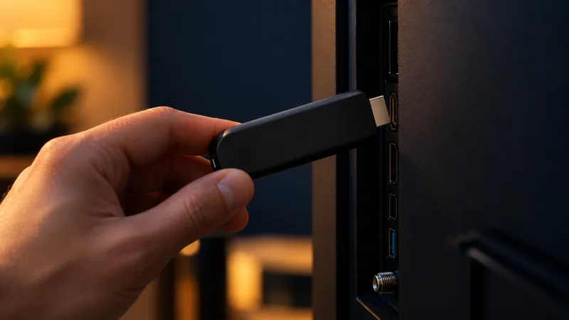 Streaming stick wordt in de HDMI-poort achter een televisie gestoken voor IPTV