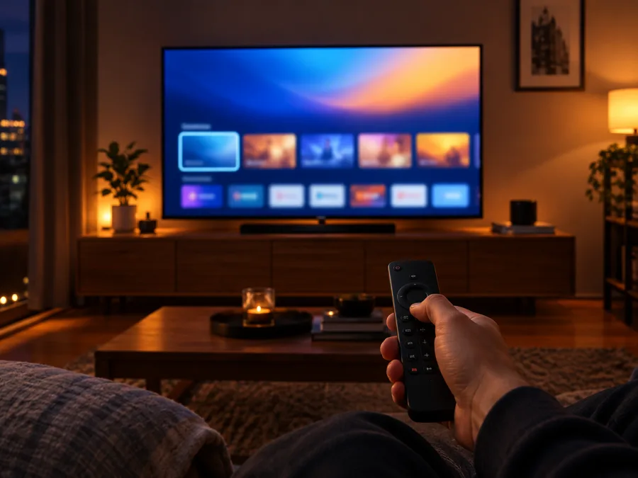 Hand met afstandsbediening bedient een IPTV-app op een smart tv in de woonkamer