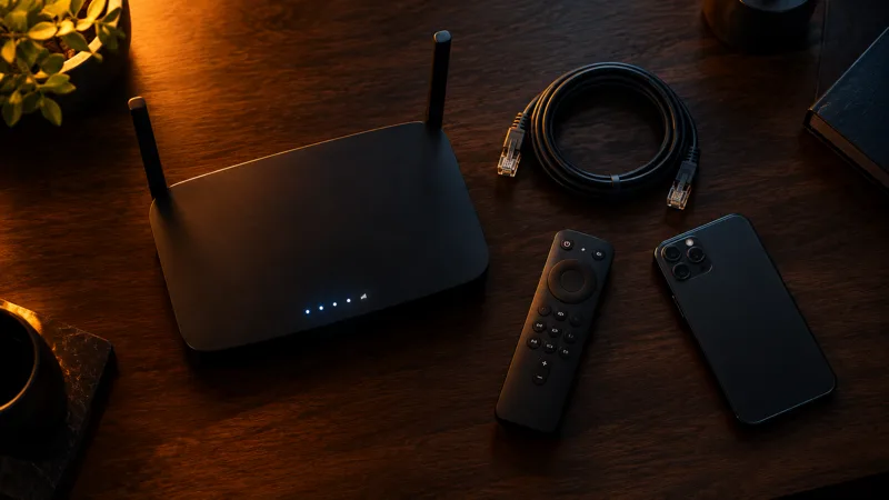 Wifi-router, netwerkkabel, afstandsbediening en smartphone op een tafel om een IPTV storing op te lossen