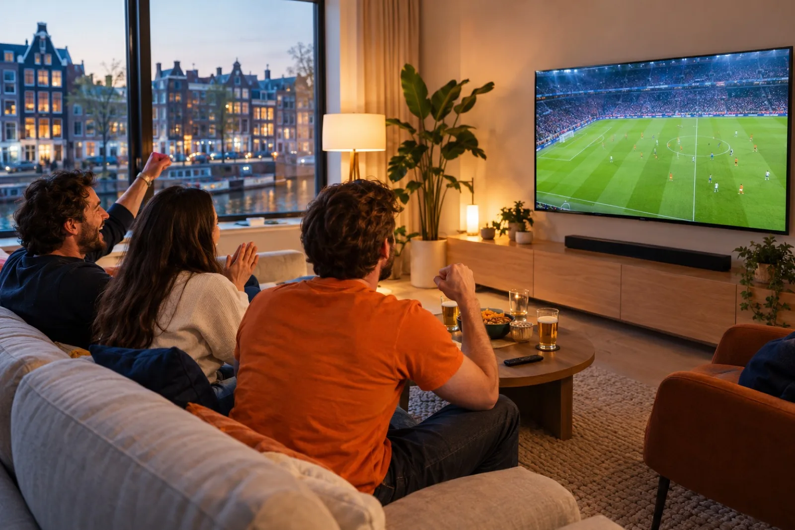 Vrienden kijken live voetbal in 4K op een smart tv met IPTV Nederland