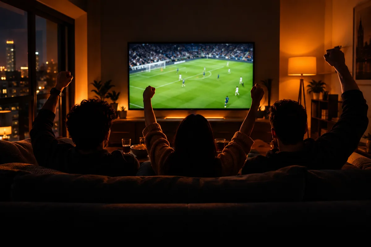 Vrienden juichen tijdens een live voetbalwedstrijd op een smart tv met IPTV Nederland